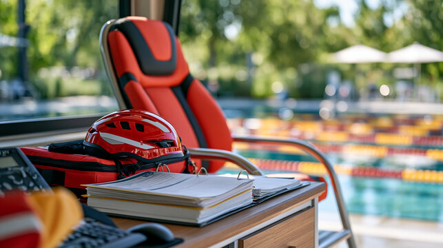 Lifeguard station interior of luxury resort aquatic facility, wide establishing shot of elevated chair overlooking glassy lap pool, IEP binder open on station desk beside rescue equipment, learning-