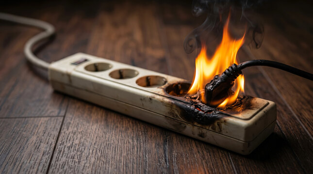 An electrical outlet is on fire in a house. Smoke rises from a damaged power strip with charred areas where cables connect. This scene shows the danger of electrical issues at home