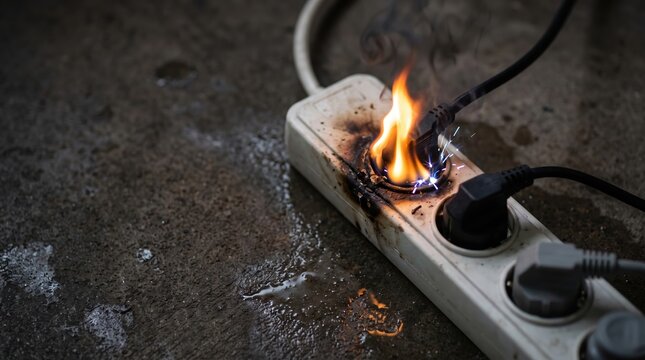 A power strip is on the ground with flames and sparks coming from one of the outlets. The area shows water on the surface, indicating a possible hazard