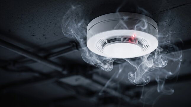 A smoke alarm is sending out a signal with red light as smoke rises in the air. This scene takes place indoors, during a fire safety drill in a building