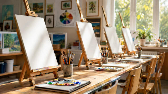 Empty art studio with row of easels and blank canvases