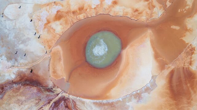 Aerial View of Aikeng Spring "Eye of the Devil" in Mangya, Qinghai: Geothermal Spring, Eye of the Earth, Sulfur Crust and Desert Landscape