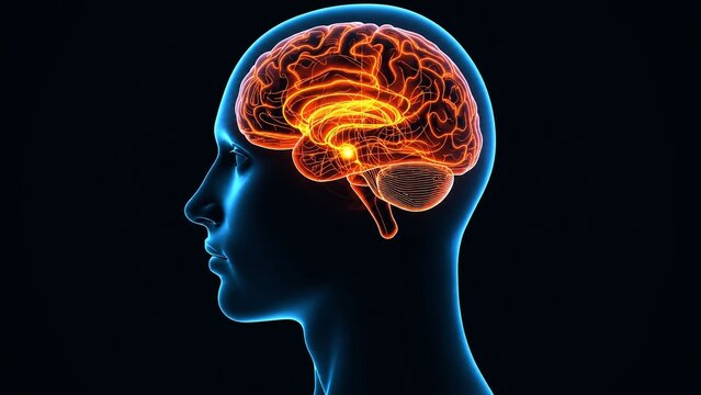 3D Render of Human Head Showing Luminous Brain Synapses Neural Network and Brain Activity