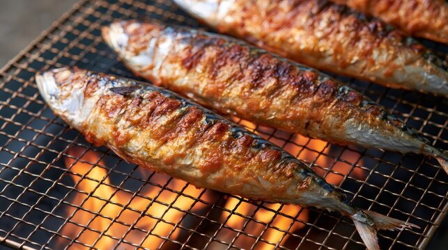 Grilling fresh mackerel fish on barbecue with flames