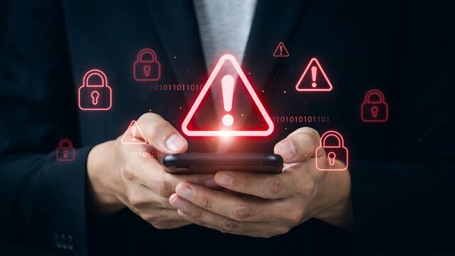 Cybersecurity alert on smartphone with warning signs and locks, highlighting digital threats and data protection