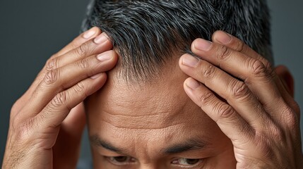 Fototapeta premium Hair loss man checking receding hairline and scalp health portrait