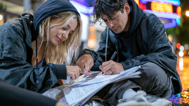 Screenwriting partners sit on wet pavement outside a shuttered independent cinema in rain soaked streets, script pages spread between them despite the drizzle, one pointing to a scene break while th