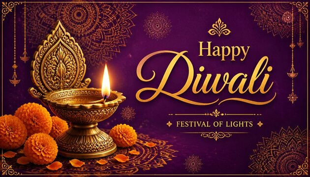 Decorative glowing oil lamp diya on a purple background for the traditional indian festival of lights diwali