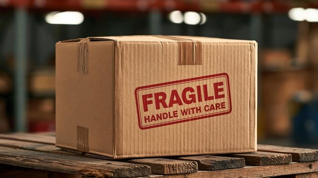 Fragile cardboard box on wooden pallet in warehouse delivery storage