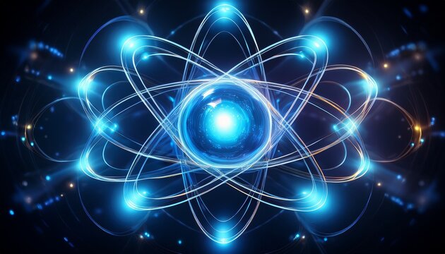 atomic structure with central glowing nucleus and orbiting blue electron spheres