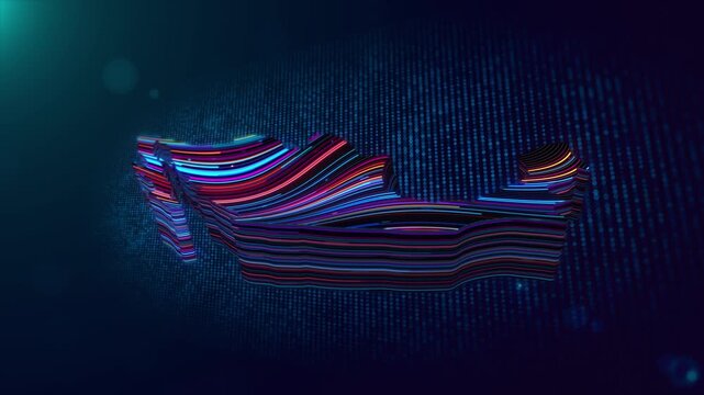 Futuristic Mexico map animation emerging through a blue particle grid, featuring colorful flowing lines, dimensional extrusion, glowing accents, and smooth digital motion for visual backgrounds.