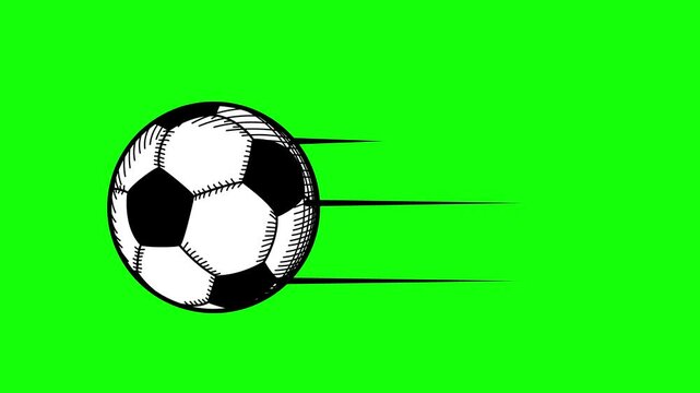 Animated soccer ball flying at high speed on green screen, sports motion graphic