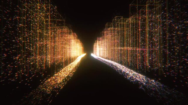 Orange and gold glowing wireframe city buildings flank a digital data street in a futuristic 3D animation for tech corporate videos