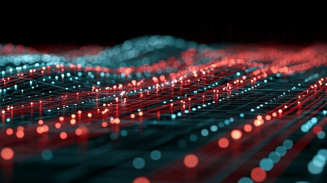 Glowing red and blue digital circuit lines form intricate data patterns against deep black background with soft bokeh blur effects