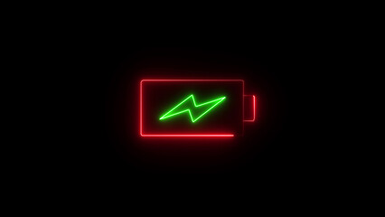 Fototapeta premium A glowing neon light sign shaped like a rectangular battery with a bright green lightning bolt symbol inside, featuring a vibrant red outline against a solid, pitch-black dark background