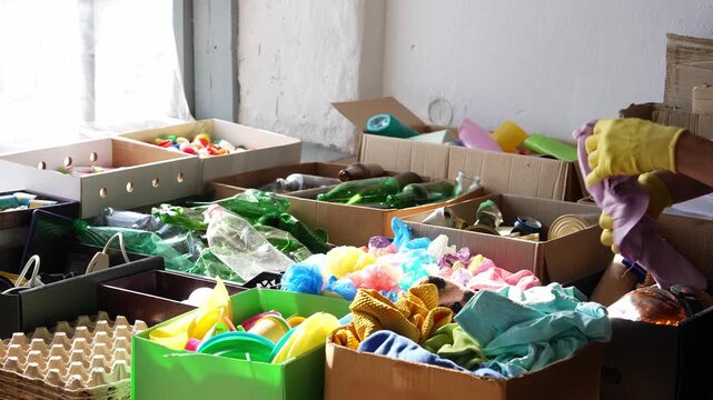 Garbage sorting. Separate collection of plastic, paper, metal, glass, textiles and electronic waste