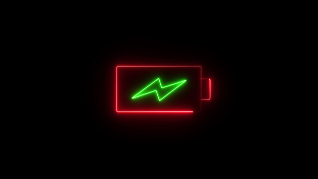 A glowing neon light sign shaped like a rectangular battery with a bright green lightning bolt symbol inside, featuring a vibrant red outline against a solid, pitch-black dark background