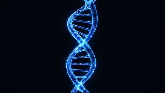 Abstract 3D Render of Illuminated Blue DNA Double Helix Structure with Luminous Molecules
