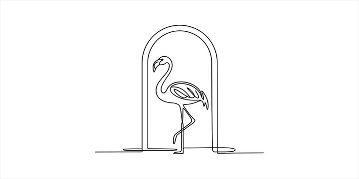 Continuous single line drawing of a standing flamingo bird inside a decorative arch frame for minimal modern art poster or simple creative logo design