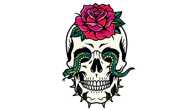 Human skull with red rose on top and snakes through eye sockets vector illustration isolated on white