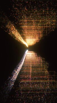 Gold wireframe architecture and particle streams converge in a vertical perspective 3D render designed for mobile background displays