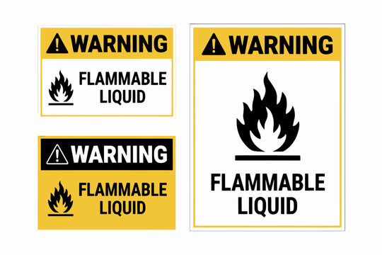 Yellow and black warning signs for flammable liquid hazard identification labels