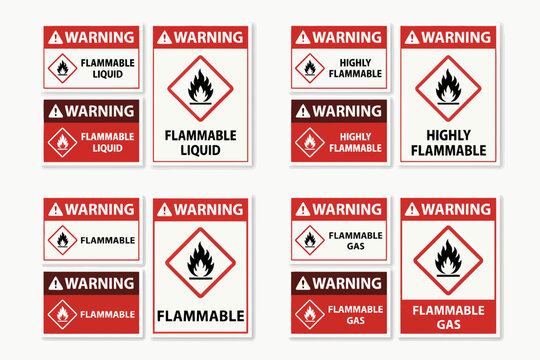 Set of red warning flammable hazard signs for liquids and gases isolated