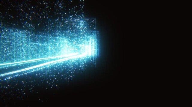 Cyan light stream and glowing digital particle grid surge forward in a dark futuristic 3D animation for high tech banner headers