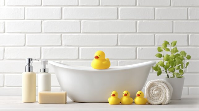 Charming rubber ducks and minimalist bathroom decor with soap dispensers and home greenery