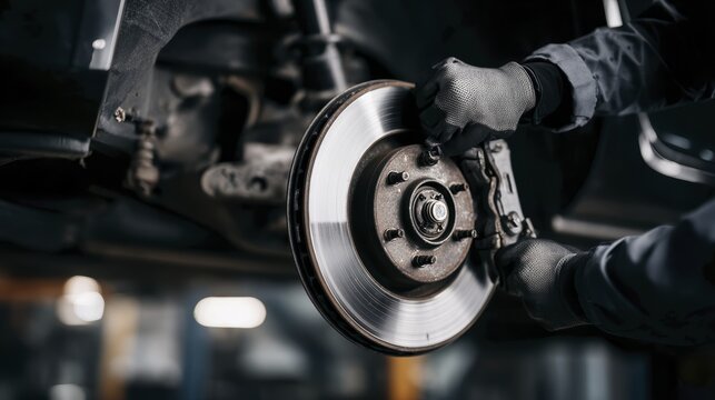 Mechanic adjusting car brake disc in professional auto repair workshop