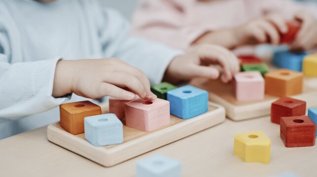 Children engaging with colorful wooden blocks for early learning activities