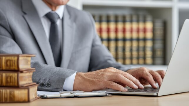 Senior businessman working on laptop in library office setting