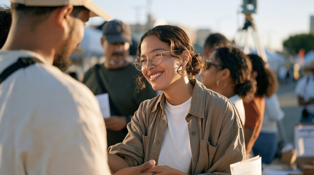 Palm reader works a crowded street fair with a diverse team of alternative wellness practitioners nearby, clients lined up as a surveyor's total station tripod stands visible at