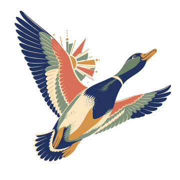 Vintage stylized flying mallard duck vector illustration