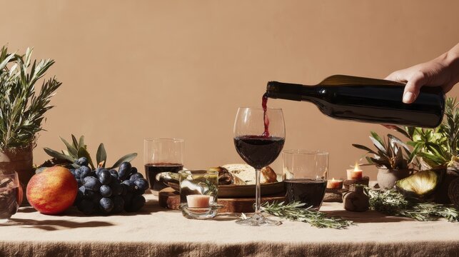 Pouring red wine at a rustic dining table with fresh fruits and greenery