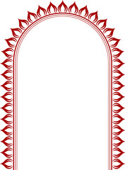 Obraz premium Happy Durga Puja elegant red arch border featuring repeating leaf shaped traditional motifs, perfect for festive backgrounds, religious invitations, celebration banners, sale promotions, and Indian cu