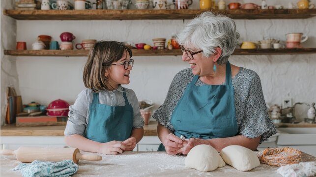 Grandmother and granddaughter baking together in rustic kitchen