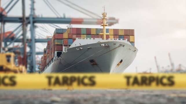 Container ship docked at industrial port with cargo boxes and maritime equipment