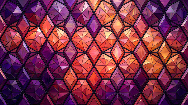 Geometric amethyst gemstone pattern with stained glass background in purple and orange hues and abst