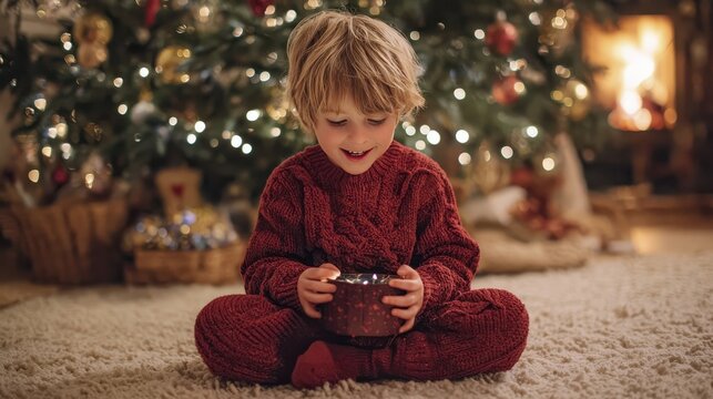 Joyful child in red sweater holding gift by christmas tree with twinkling lights