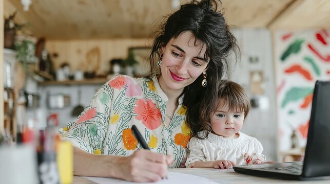 Woman working from home with toddler in cozy kitchen environment
