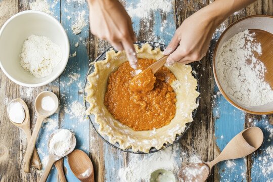 Preparing homemade pumpkin pie filling with fresh ingredients on rustic wooden table