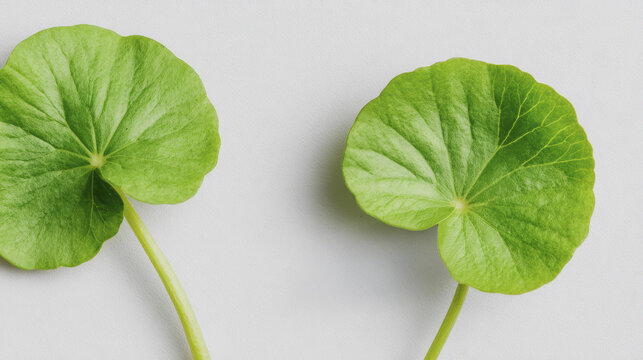 Two green circular leaves on white background for nature and botanical concepts
