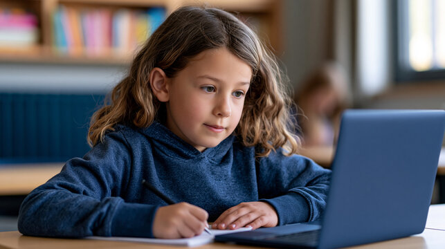 Young girl concentrating on screen, studying online, using laptop in modern classroom, writing notes for distance learning or homeschooling education technology
