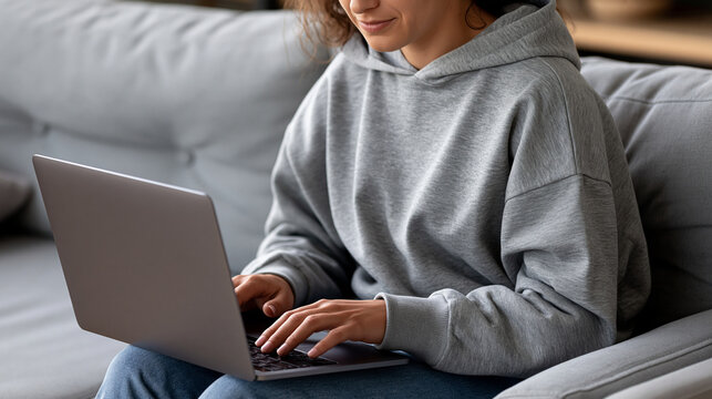 Young woman in casual clothes comfortably working from home, using her laptop on a sofa, embodying flexibility, connectivity, and modern lifestyle, copy space