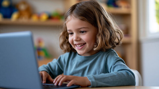 Smiling young girl happily engaging with a laptop at home, exploring digital content, learning online, and enjoying screen time with modern technology