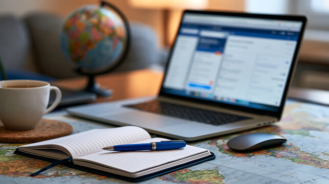 Office desk showing a laptop, notebook, pen, coffee cup, and globe on a world map, symbolizing the blend of technology, work, travel, and global connectivity