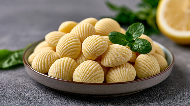Fresh homemade shell shaped gnocchi pasta in a bowl with mint garnish, preparing a traditional italian dinner meal, offering gourmet food experience with fresh ingredients