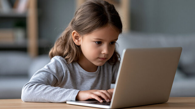 Focused young primary school age girl typing on a keyboard, doing homework, attending virtual class, or engaging in remote learning and e education
