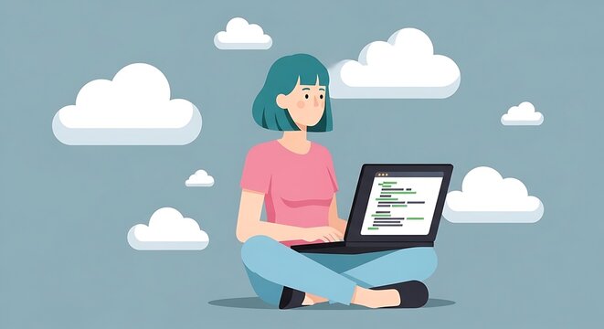 Woman coding on laptop surrounded by cloud computing